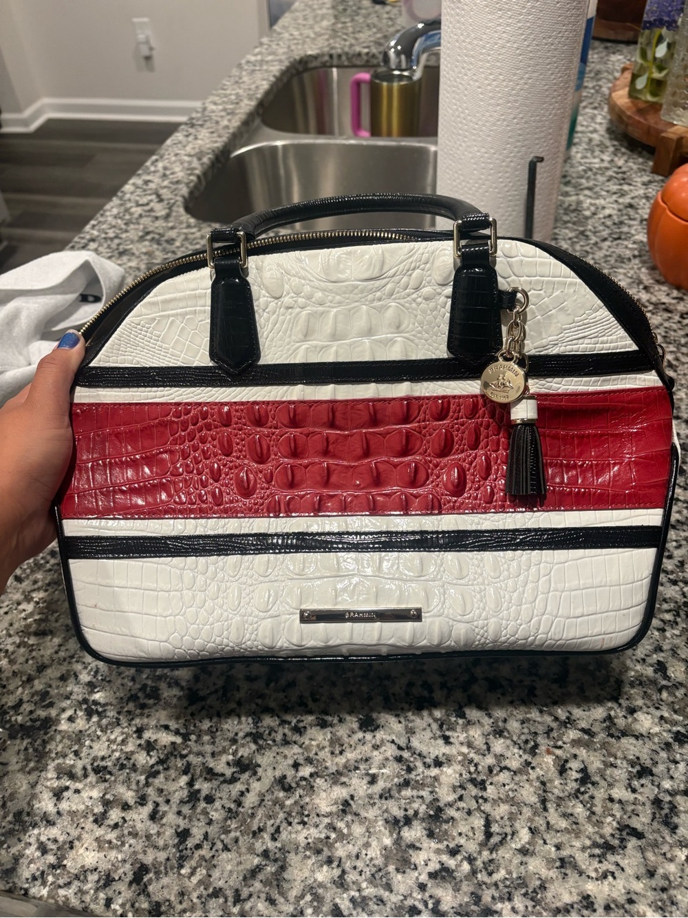 Brahmin White, Red & Black Croc-Embossed Satchel with Tassel Charm